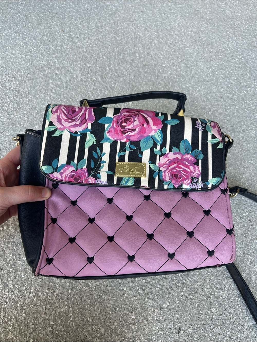 Betsey Johnson Luv Betsy Pink Black Floral Heart Handbag Crossbody